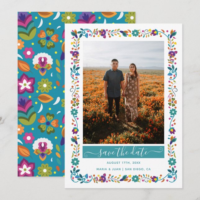Reserva La Fecha Patrón floral Boda fotográfico al estilo mexicano (Anverso / Reverso)