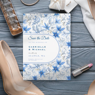 Reserva La Fecha Patrón Floral de Chinoisería Blanco Azul Delft  Gu
