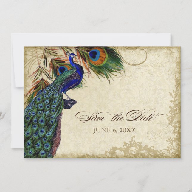 Reserva La Fecha Pavo Real & Plumas Salva la Fecha de Té Manchado (Anverso)