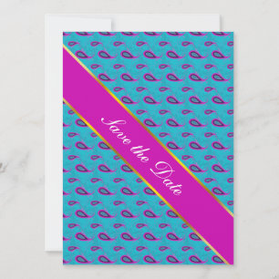 Reserva La Fecha Pavo real y modelo magenta de Paisley