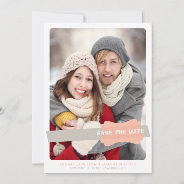 Reserva La Fecha Peach and Grey Modern Save the Date Stripes Photo (Anverso)