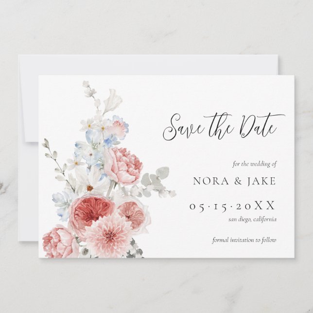 Reserva La Fecha Peach Dusty Blue Floral Save The Date (Anverso)
