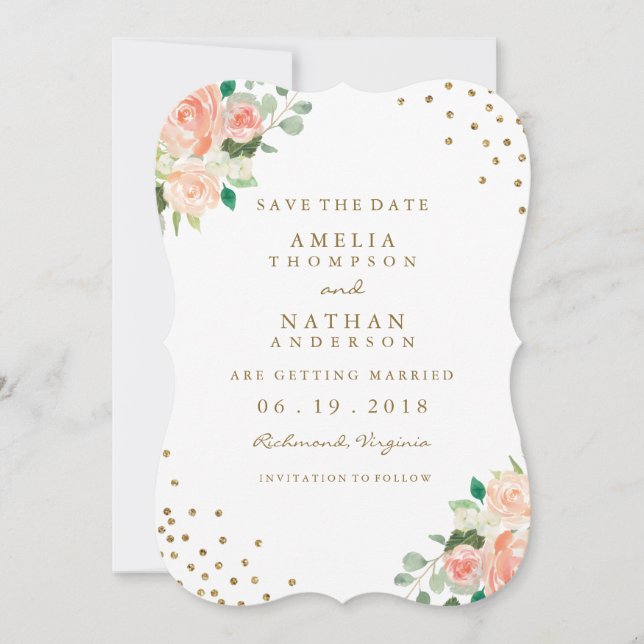 Reserva La Fecha Peach Gold Floral Confetti Wedding Save The Date (Anverso)