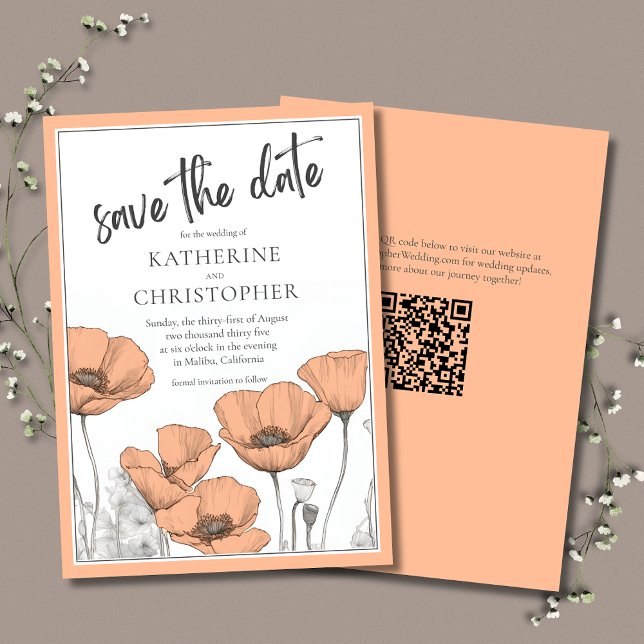 Reserva La Fecha Peach Poppies Moderno Boda Floral Elegante (Peach Floral Poppies Save the Date with QR Code coordinates with the Peach Poppies Wedding Suite.
)