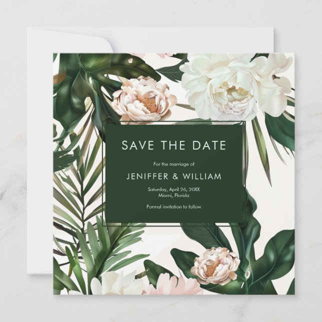 Reserva La Fecha Peach White Peonies and Green Leaves Boda Floral (Anverso)