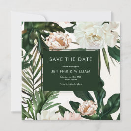 Reserva La Fecha Peach White Peonies and Green Leaves Boda Floral