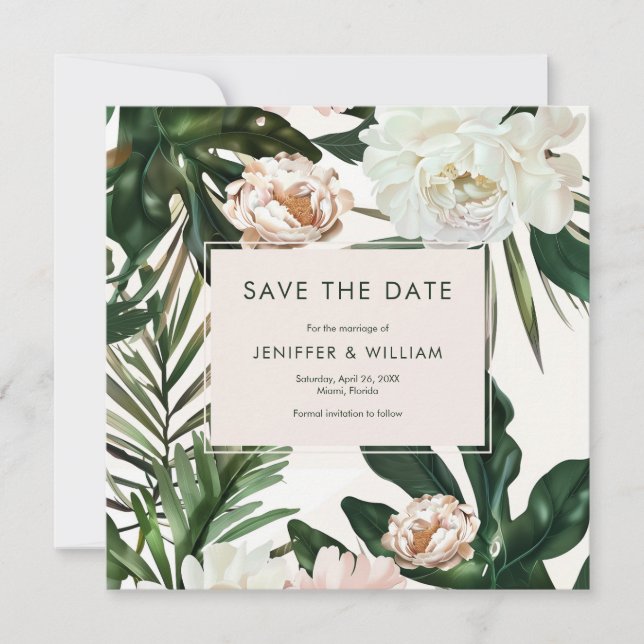 Reserva La Fecha Peach White Peonies and Green Leaves Boda Floral (Anverso)