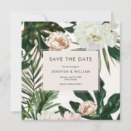 Reserva La Fecha Peach White Peonies and Green Leaves Boda Floral