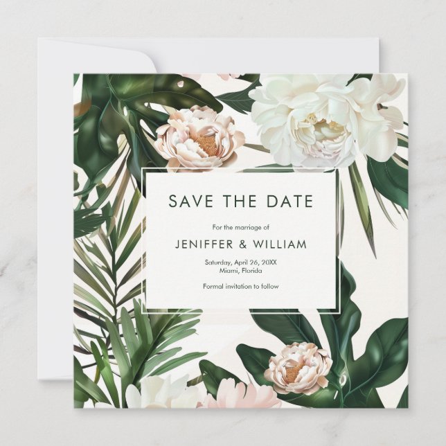 Reserva La Fecha Peach White Peonies and Green Leaves Boda Floral (Anverso)