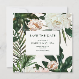 Reserva La Fecha Peach White Peonies and Green Leaves Boda Floral