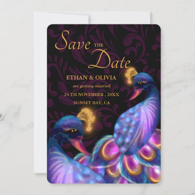Reserva La Fecha Peacock Jewel Tones Boda Floral Moody púrpura (Anverso)