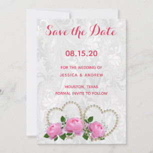 Reserva La Fecha Pearl Hearts & Roses Damask Boda Save The Date