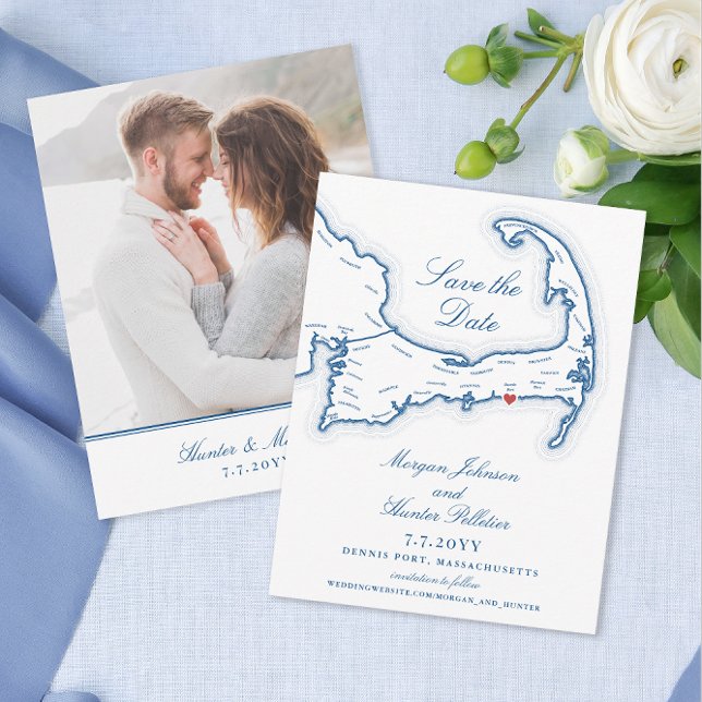 Reserva La Fecha Pelham House Dennis Port Cape Cod Blue Boda (Pelham House Resort Dennis Port MA Wedding Save the Date with Cape Cod Map in elegant navy blue)