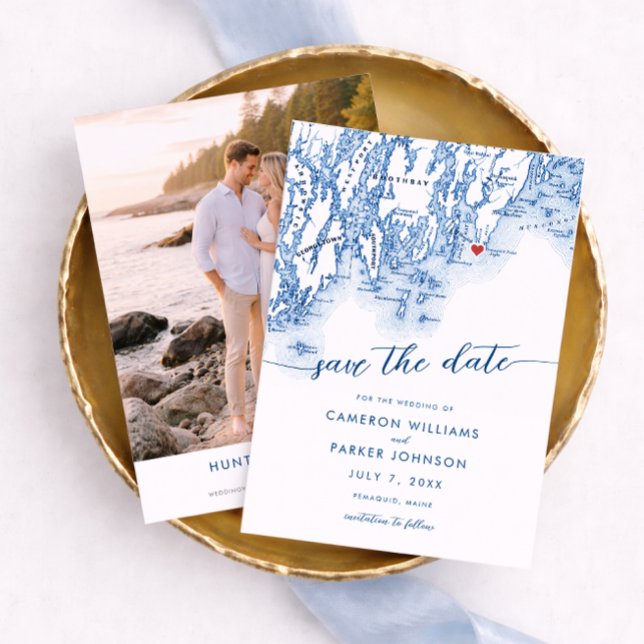 Reserva La Fecha Pemaquid Point Light Boda Maine Mapa Azul Marino (Pemaquid Point Light Wedding Save the Date Navy Blue Maine Map by Coastal Map Designs)