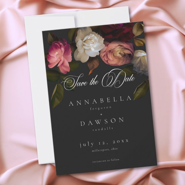 Reserva La Fecha Peonías crema burdeos oscuro y negro (Dark Moody Burgundy Cream Peonies Black Save The Date)