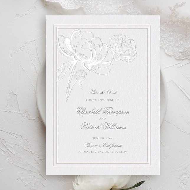 Reserva La Fecha Peonies Marfil Doble Marco Formal Elegante Boda (peony save the date formal modern classic traditional calligraphy double frame faux embossed ivory)