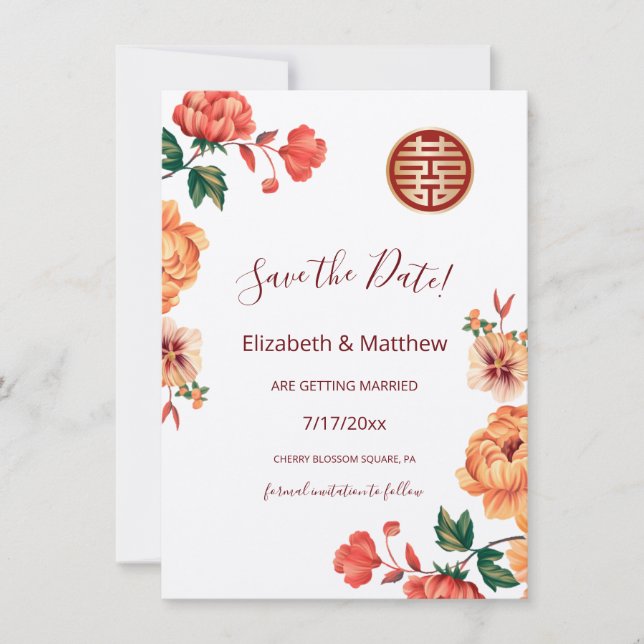 Reserva La Fecha Peony Boda chino doble felicidad (Anverso)