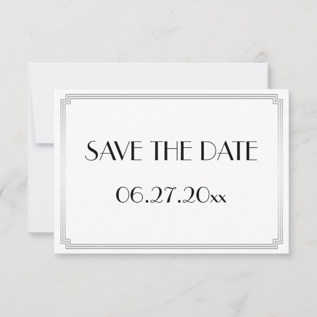 Reserva La Fecha Pequeño Gatsby Art Deco Boda Plata Save The Date (Anverso)