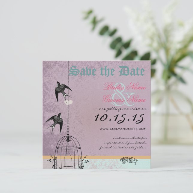 Reserva La Fecha Perfect Plum Damask Jaula de Pájaro Save the Date (Anverso de pie)