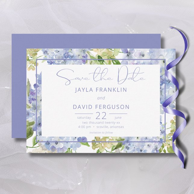Reserva La Fecha Periwinkle Blue White Hydrangea Boda (Periwinkle Blue White Hydrangea Wedding Save The Date)