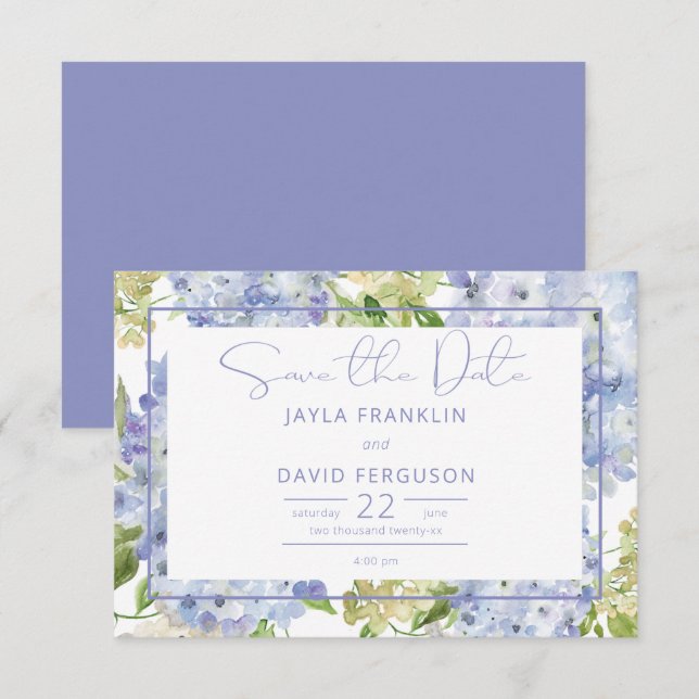Reserva La Fecha Periwinkle Blue White Hydrangea Boda (Anverso / Reverso)