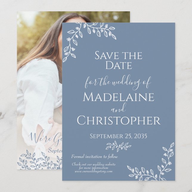 Reserva La Fecha Periwinkle White Botanical Boho Photo Boda (Anverso / Reverso)