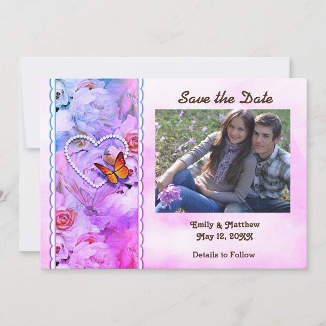 Reserva La Fecha Perlas cardíacas, rosas rosadas, mariposas salvan  (Anverso)