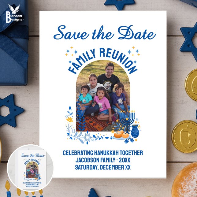 Reserva La Fecha Personalizable Foto REUNIÓN DE LA FAMILIA HANUKKAH (Save the Date for family reunion to celebrate Hanukkah. Shirts, gifts, party supplies available.)
