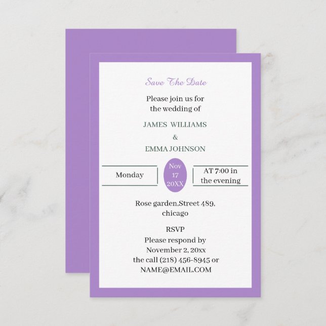 Reserva La Fecha Personalizable púrpura simple (Anverso / Reverso)