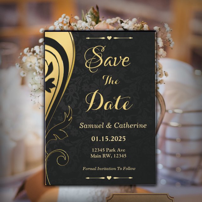 Reserva La Fecha Personalización del Boda y aniversario negro de or (Gold Black Save The Date Invite )