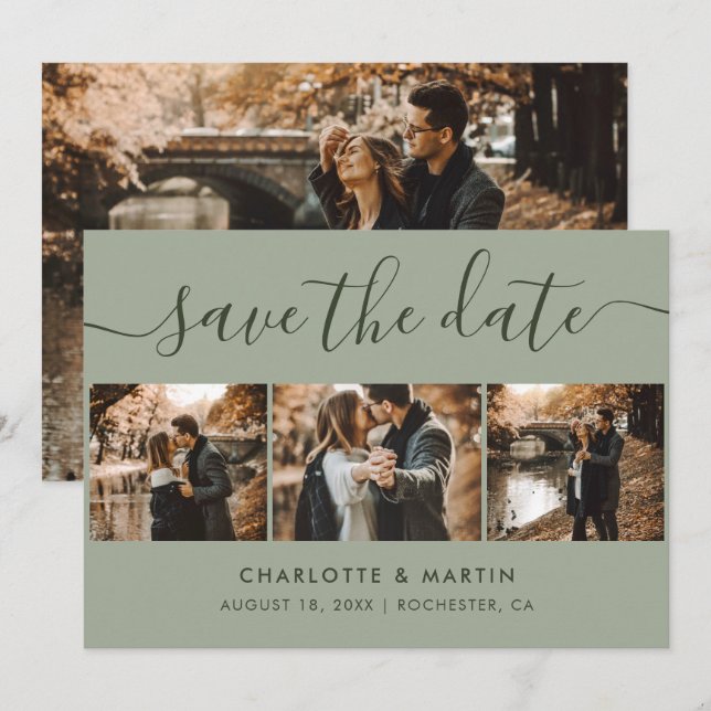 Reserva La Fecha Personalizado Boda verde sabio moderno 4 Foto (Anverso / Reverso)