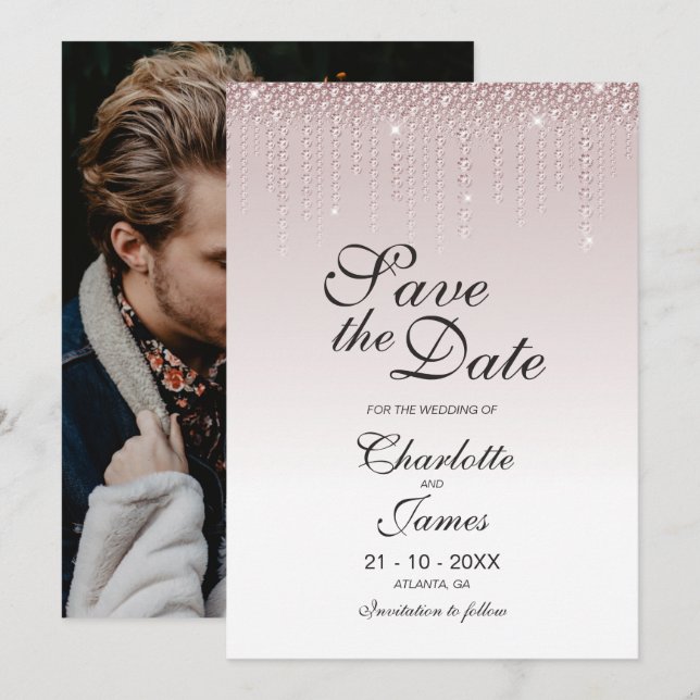 Reserva La Fecha Personalizado de diamantes rosados Boda de foto (Anverso / Reverso)
