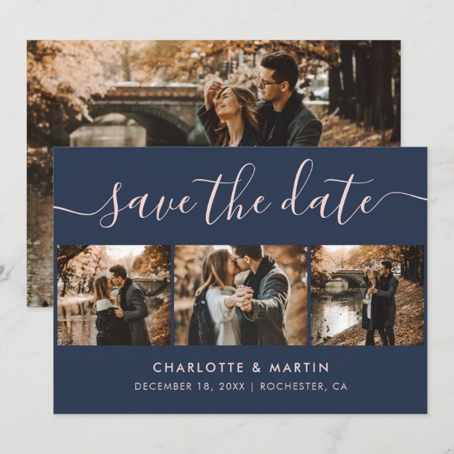 Reserva La Fecha Personalizado de Marina Moderna, azul y Boda Rubor (Anverso / Reverso)