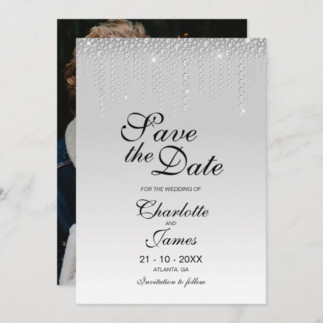 Reserva La Fecha Personalizado Foto Boda De Diamantes Plata Salven  (Anverso / Reverso)