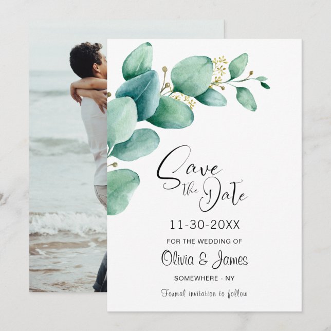 Reserva La Fecha Personalizado Foto Boda Eucalyptus (Anverso / Reverso)