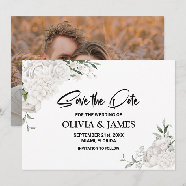 Reserva La Fecha Personalizado Foto Boda Floral Blanco (Anverso / Reverso)