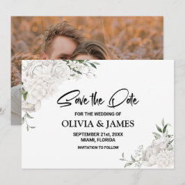 Reserva La Fecha Personalizado Foto Boda Floral Blanco
