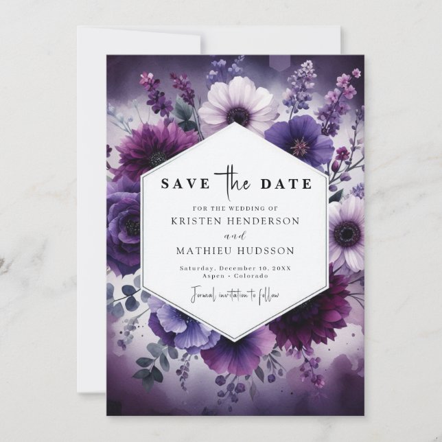 Reserva La Fecha Personalizado Imprimible Boda morado floral (Anverso)