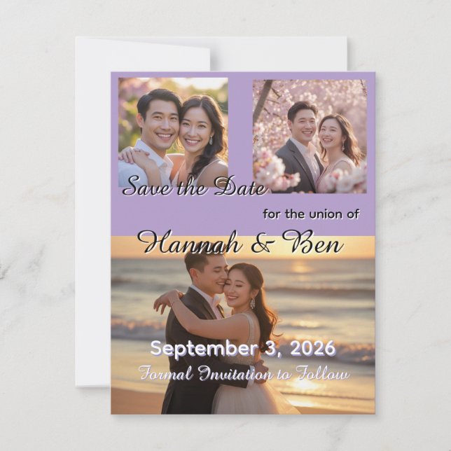Reserva La Fecha Personalizado Matrimonio púrpura Guardar la fecha (Anverso)