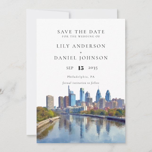 Reserva La Fecha Philadelphia Skyline Watercolor Elegant Wedding (Anverso)