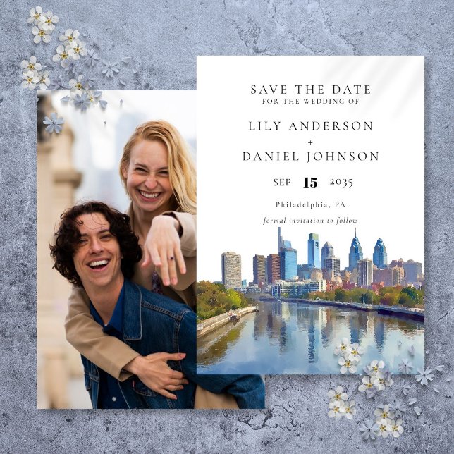 Reserva La Fecha Philadelphia Skyline Watercolor Photo Wedding (Philadelphia Skyline Watercolor Photo Wedding Save The Date)