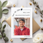 Reserva La Fecha Photo Graduation party male Save the Date<br><div class="desc">A white colored background, black text. Celebrate your graduate’s big milestone in style with this modern Save the Date card for a graduation party. Featuring a clean minimalist layout, elegant typography, and a customizable photo, this design is perfect for announcing your celebration in a timeless way. Add your graduate’s name,...</div>