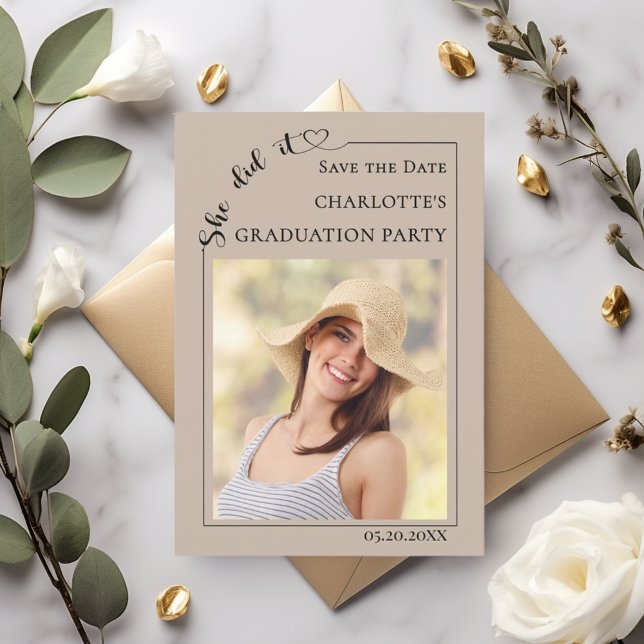 Reserva La Fecha Photo Graduation party mocha beige Save the Date (Subido por el creador)
