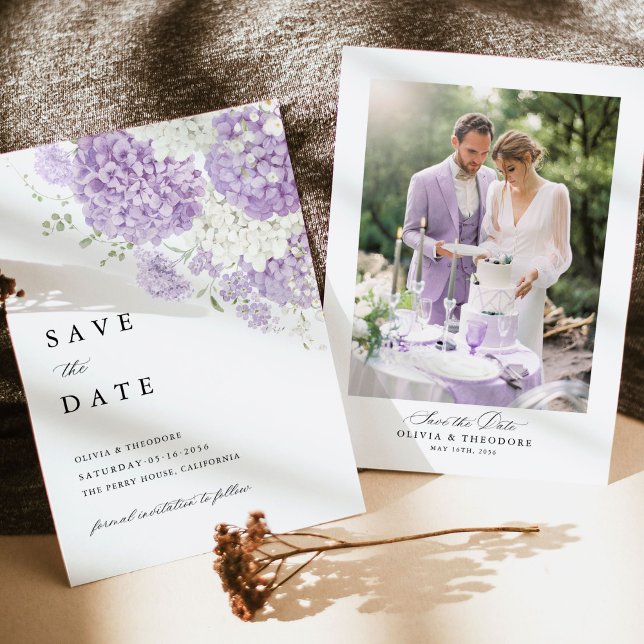 Reserva La Fecha Photo Lavender Lilac White Floral Wedding (Lavender white photo save the date card with hydrangea floral, lilac romantic wedding stationery)