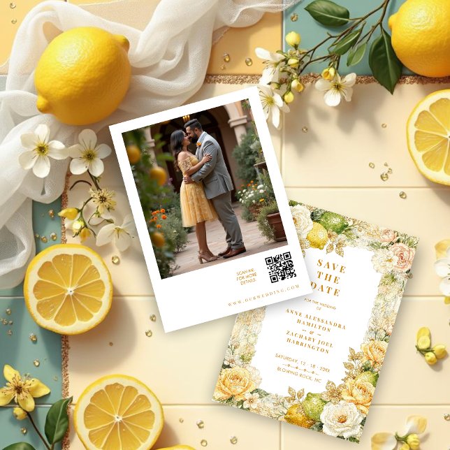 Reserva La Fecha Photo Luxury Mediterranean Lemons & Flowers  (Luxury Delicate Mediterranean Lemons & Flowers Frame Wedding Save the Date Cards.)