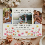 Reserva La Fecha Photo Set Pink Orange Floral Wedding<br><div class="desc">Wildflower wedding save the date card with 3 custom photos and watercolor wild flowers. Announce your upcoming wedding with this charming watercolor floral engagement announcement card. Featuring a beautiful arrangement of hand-painted flowers in soft pinks, oranges, and yellows, this card brings a touch of natural beauty to your special news....</div>