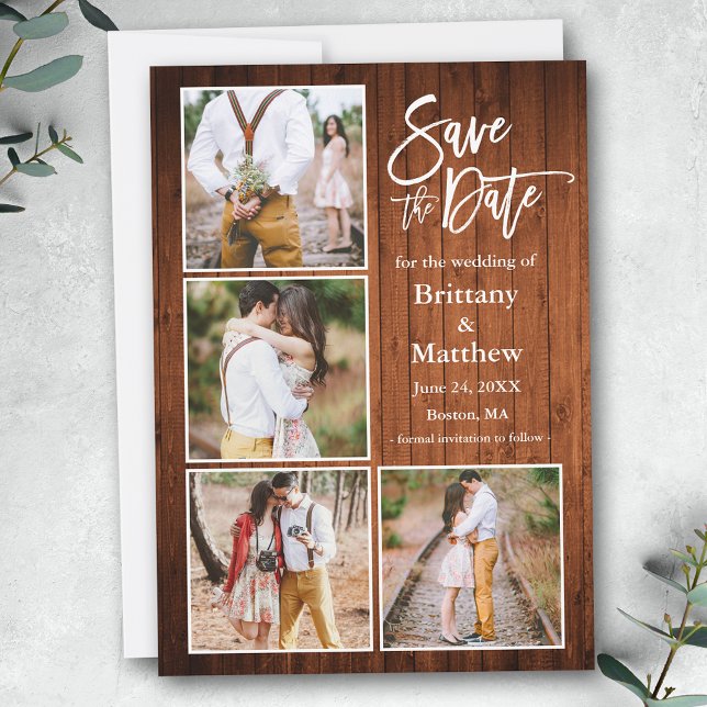 Reserva La Fecha Pincel Script Wood 4 Compromiso de fotos (Customize to change your personalized text size, style or to add more text & photos to back of card.)