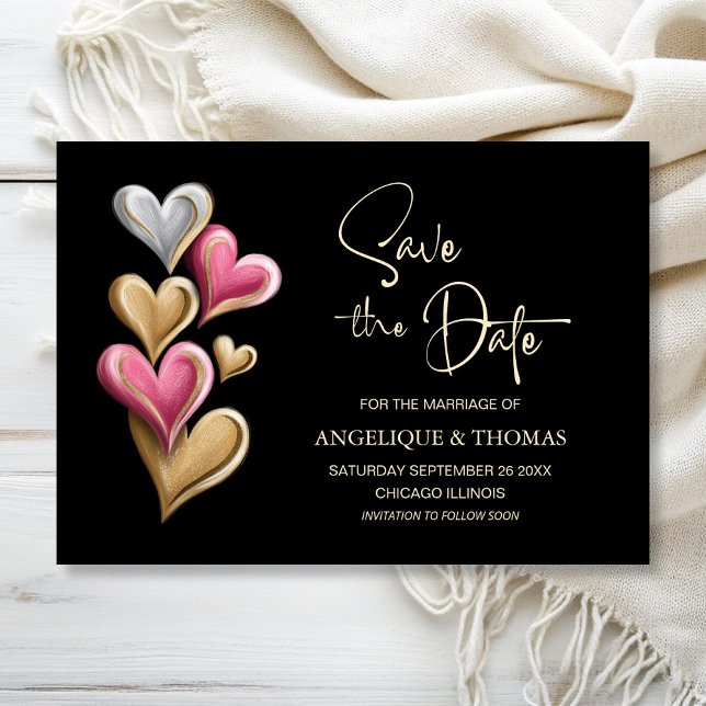 Reserva La Fecha Pink and Gold Hearts Wedding Save the Date (Subido por el creador)