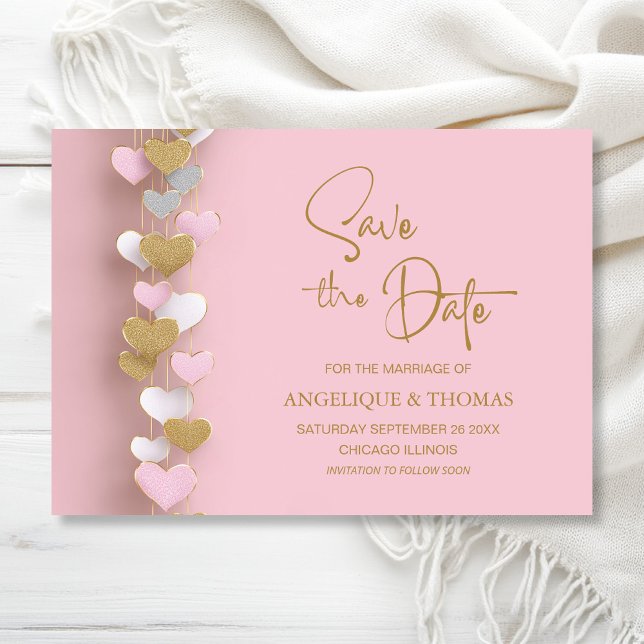 Reserva La Fecha Pink and Gold Hearts Wedding Save the Date (Subido por el creador)