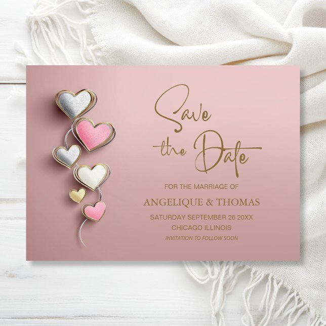 Reserva La Fecha Pink and Silver Hearts Wedding Save the Date (Subido por el creador)